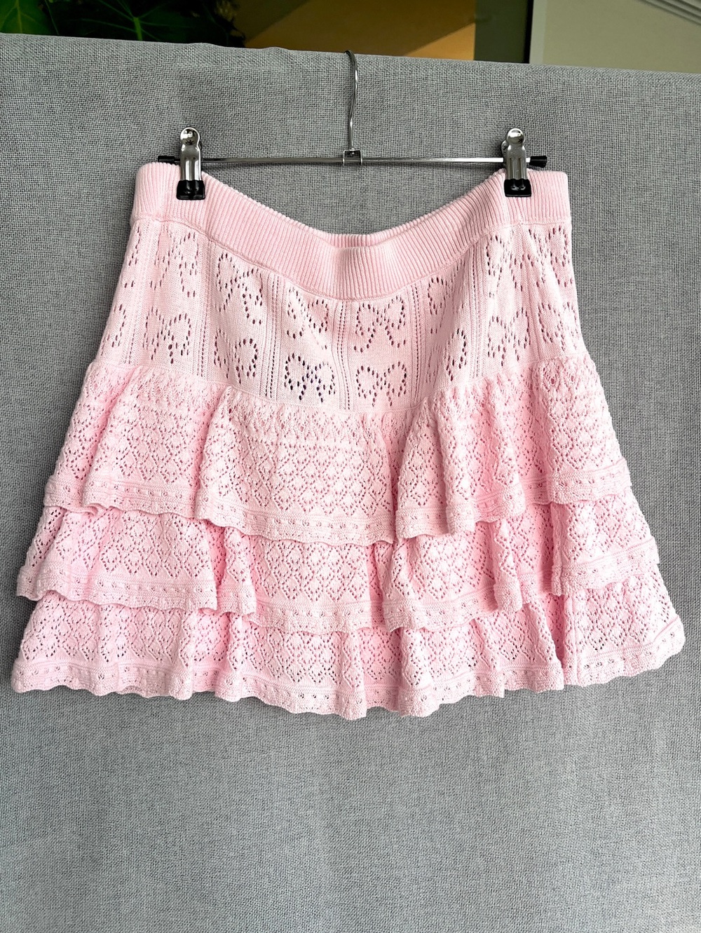 LoveShackFancy Ballerina Pink Baudin Bow Pointelle tiered knit mini skirt size L - Picture 8 of 16